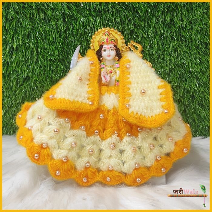 Woolen Yellow (Parrot Mix) & Cream Moti Work Lehnga Patka