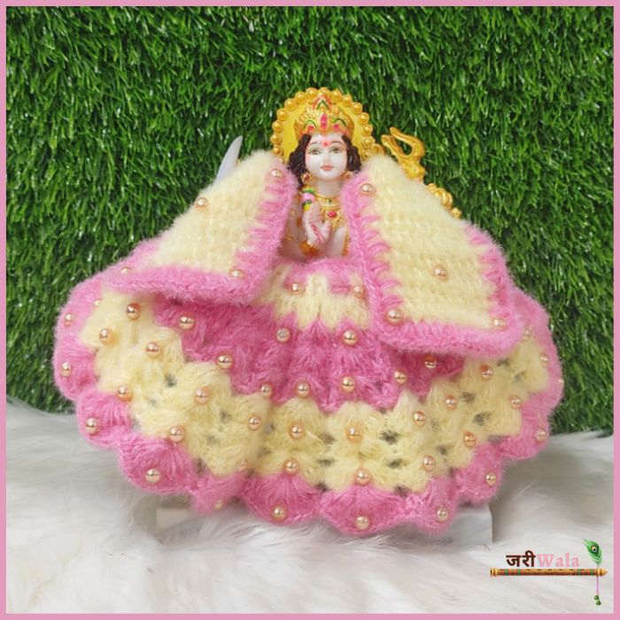 Woolen Baby Pink & Cream Moti Work Lehnga Patka