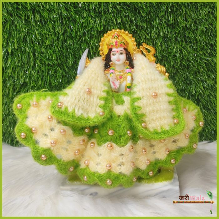 Woolen Green (Dark Green Mix) & Cream Moti Work Lehnga Patka